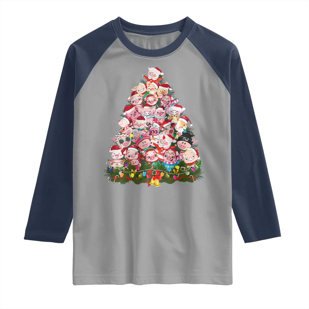 Cute Pink Pigs Christmas Tree Raglan Shirt Funny Farmer Xmas Lights Festive Vibe