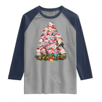 Cute Pink Pigs Christmas Tree Raglan Shirt Funny Farmer Xmas Lights Festive Vibe