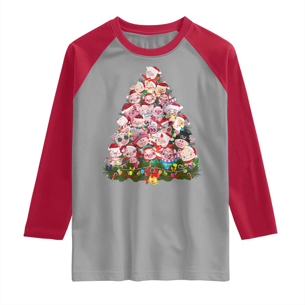Cute Pink Pigs Christmas Tree Raglan Shirt Funny Farmer Xmas Lights Festive Vibe