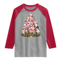 Cute Pink Pigs Christmas Tree Raglan Shirt Funny Farmer Xmas Lights Festive Vibe