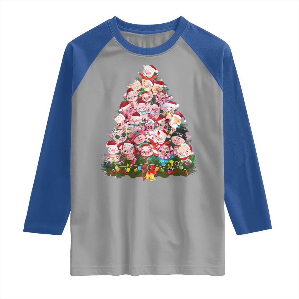 Cute Pink Pigs Christmas Tree Raglan Shirt Funny Farmer Xmas Lights Festive Vibe