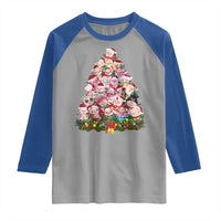 Cute Pink Pigs Christmas Tree Raglan Shirt Funny Farmer Xmas Lights Festive Vibe