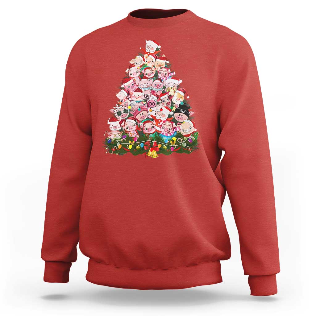 Cute Pink Pigs Christmas Tree Sweatshirt Funny Farmer Xmas Lights Festive Vibe - Wonder Print Shop