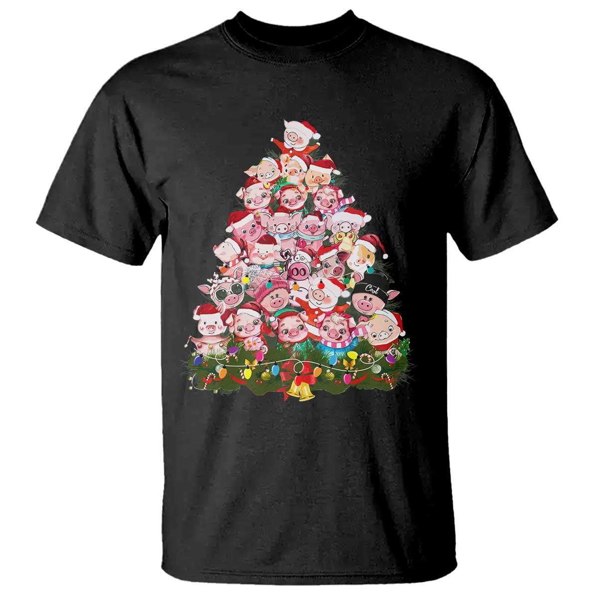 Cute Pink Pigs Christmas Tree T Shirt Funny Farmer Xmas Lights Festive Vibe - Wonder Print Shop