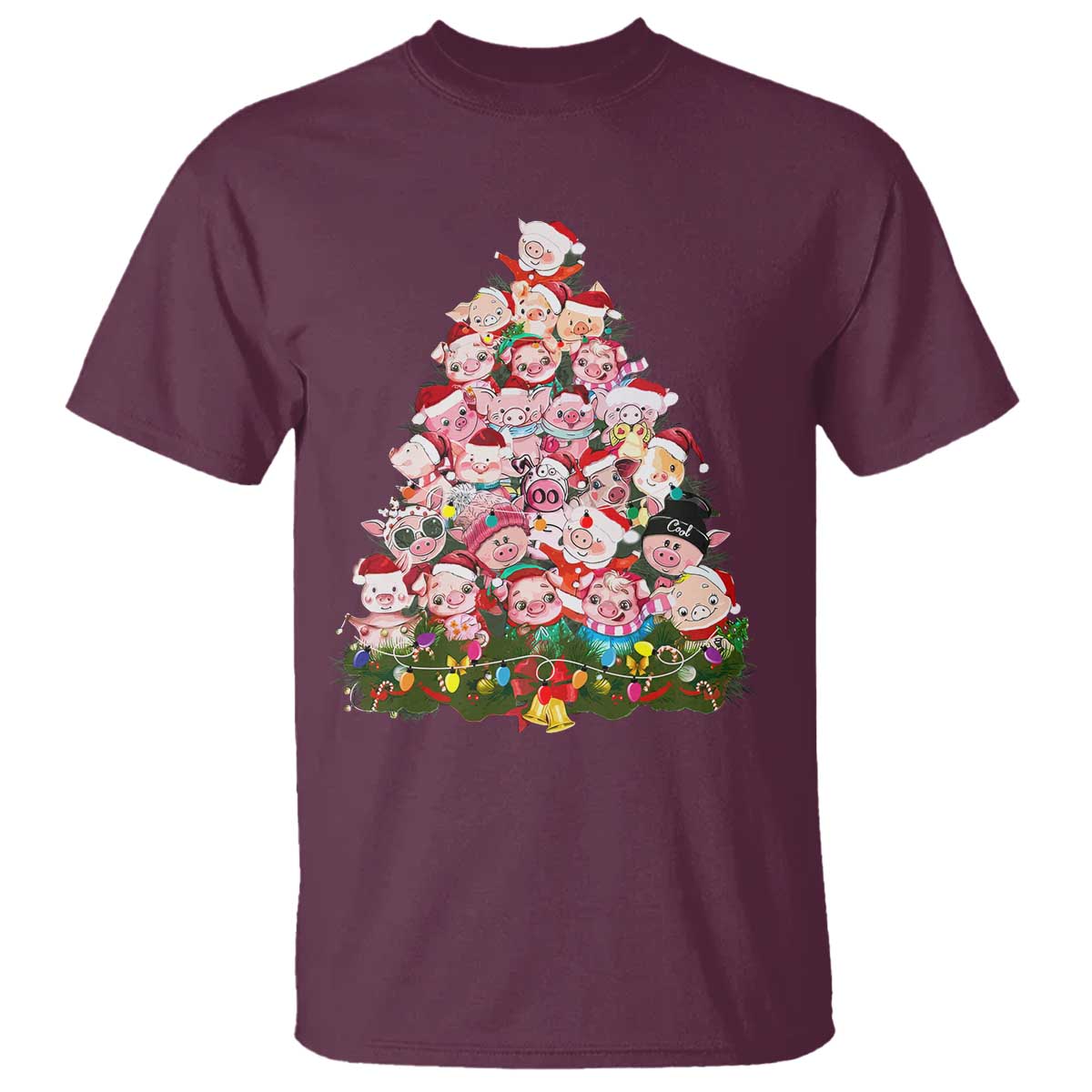 Cute Pink Pigs Christmas Tree T Shirt Funny Farmer Xmas Lights Festive Vibe - Wonder Print Shop