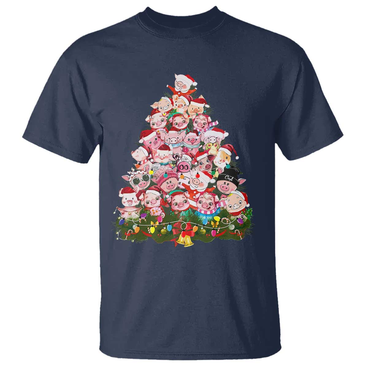 Cute Pink Pigs Christmas Tree T Shirt Funny Farmer Xmas Lights Festive Vibe - Wonder Print Shop