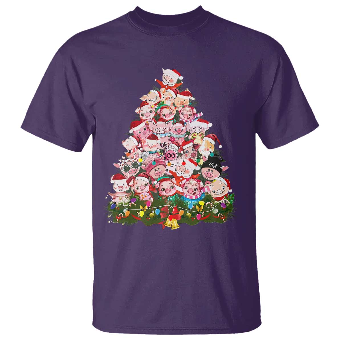 Cute Pink Pigs Christmas Tree T Shirt Funny Farmer Xmas Lights Festive Vibe - Wonder Print Shop