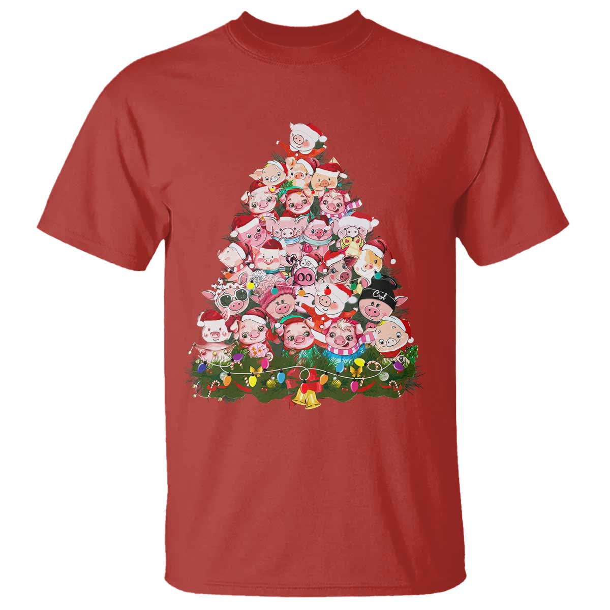 Cute Pink Pigs Christmas Tree T Shirt Funny Farmer Xmas Lights Festive Vibe - Wonder Print Shop