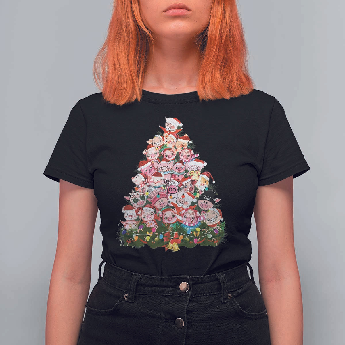 Cute Pink Pigs Christmas Tree T Shirt For Women Funny Farmer Xmas Lights Festive Vibe - Wonder Print Shop