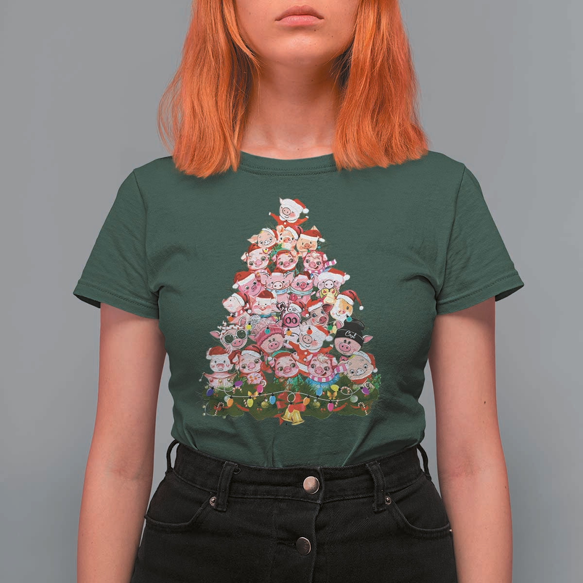 Cute Pink Pigs Christmas Tree T Shirt For Women Funny Farmer Xmas Lights Festive Vibe - Wonder Print Shop