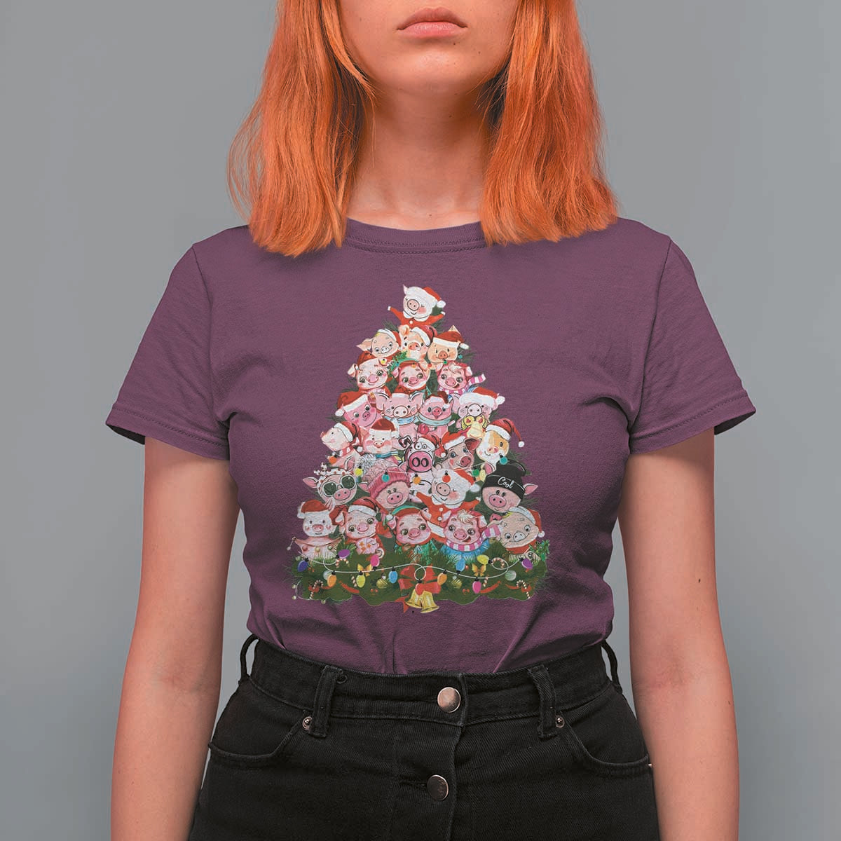 Cute Pink Pigs Christmas Tree T Shirt For Women Funny Farmer Xmas Lights Festive Vibe - Wonder Print Shop