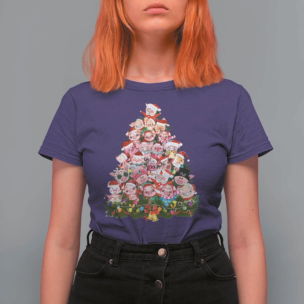Cute Pink Pigs Christmas Tree T Shirt For Women Funny Farmer Xmas Lights Festive Vibe - Wonder Print Shop