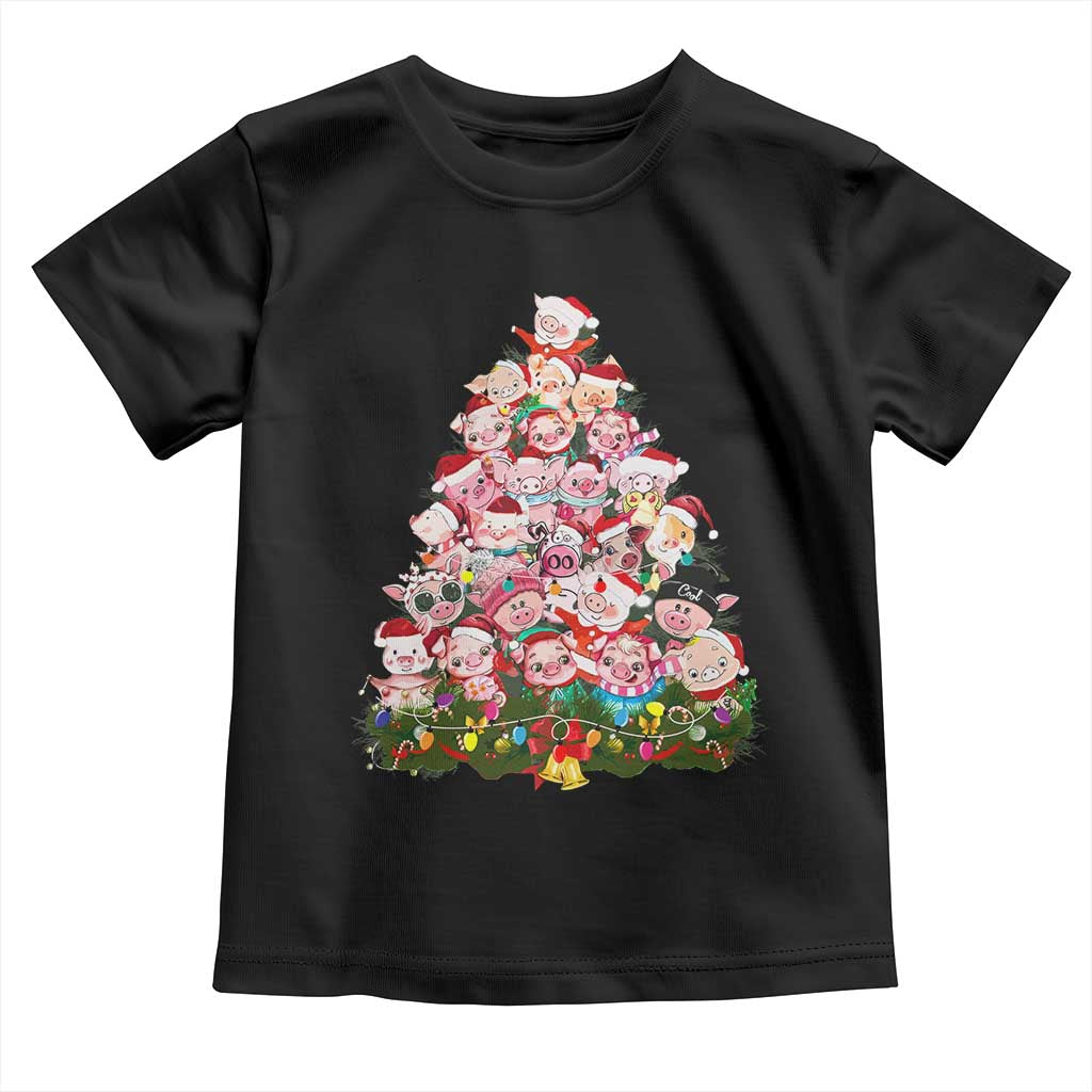 Cute Pink Pigs Christmas Tree Toddler T Shirt Funny Farmer Xmas Lights Festive Vibe