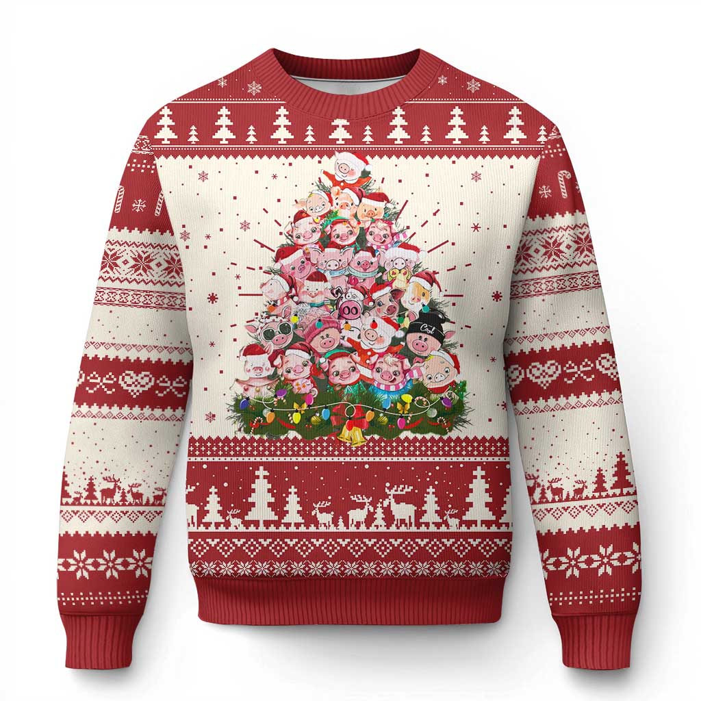 Cute Pink Pigs Xmas Tree Ugly Christmas Sweater Funny Farmer Xmas Lights Festive Vibe - Wonder Print Shop