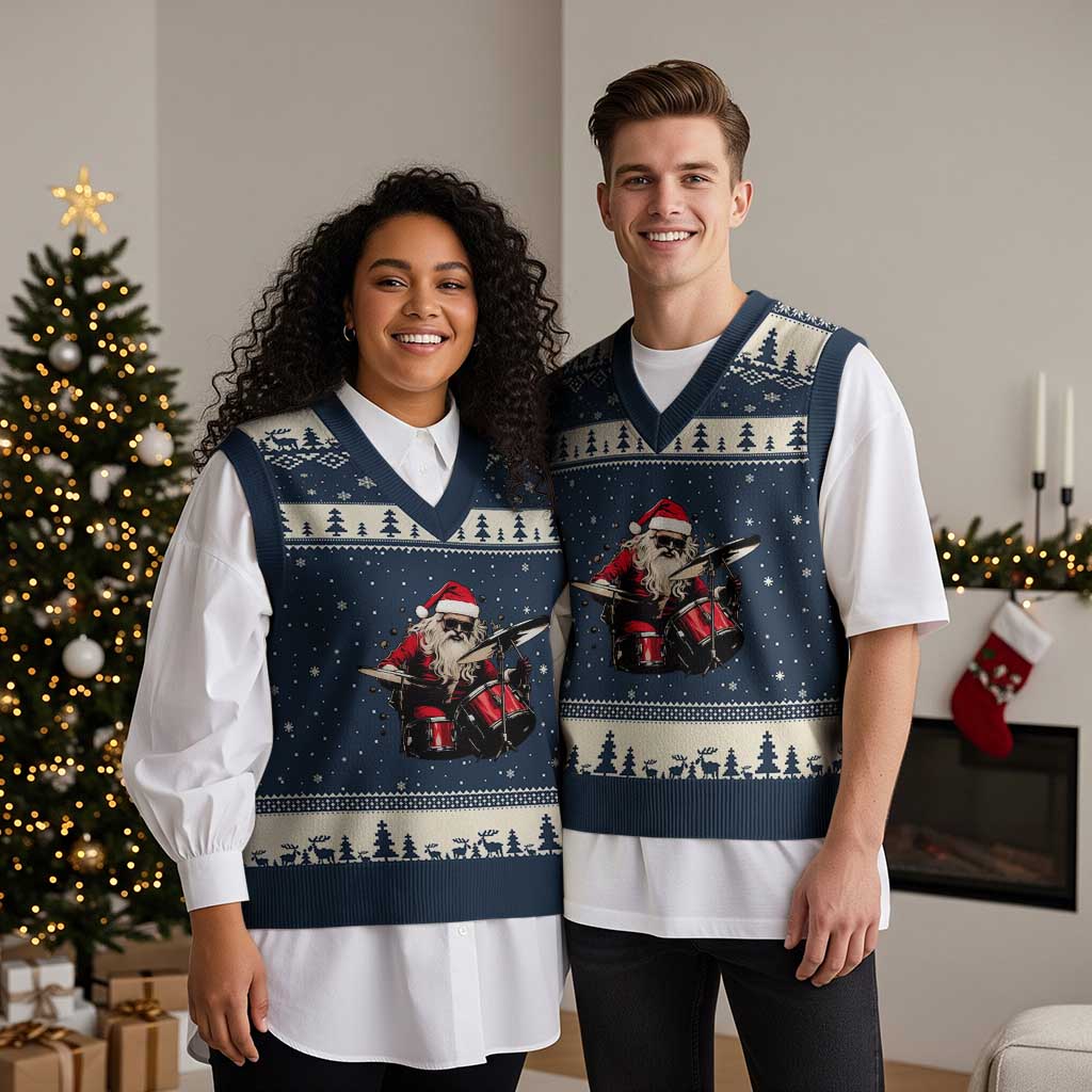 Funny Rock'n Roll Santa Claus V-Neck Knit Sweater Vest Cool Drummer Festive Xmas - Wonder Print Shop