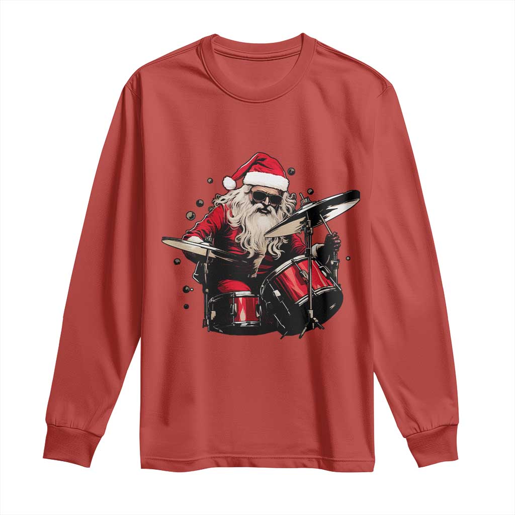 Funny Rock'n Roll Santa Claus Long Sleeve Shirt Cool Drummer Festive Christmas