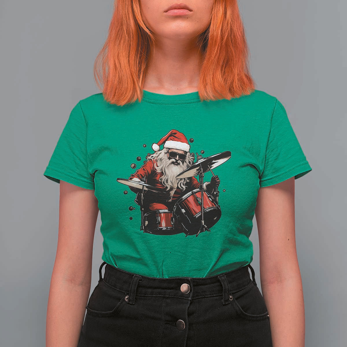 Funny Rock'n Roll Santa Claus T Shirt For Women Cool Drummer Festive Christmas - Wonder Print Shop