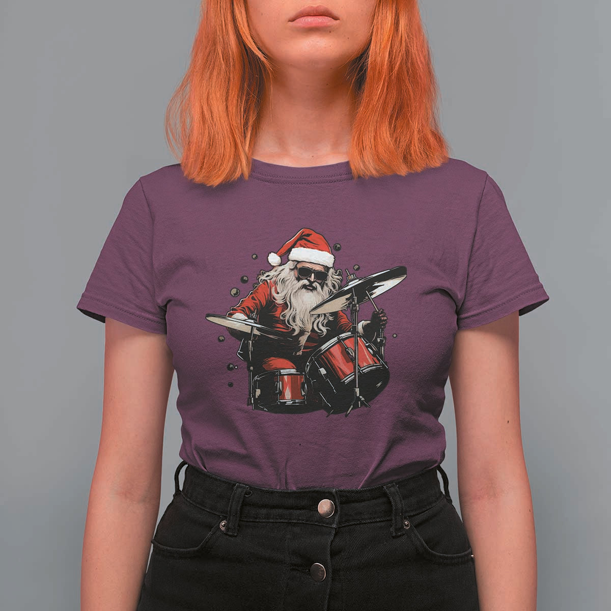 Funny Rock'n Roll Santa Claus T Shirt For Women Cool Drummer Festive Christmas - Wonder Print Shop
