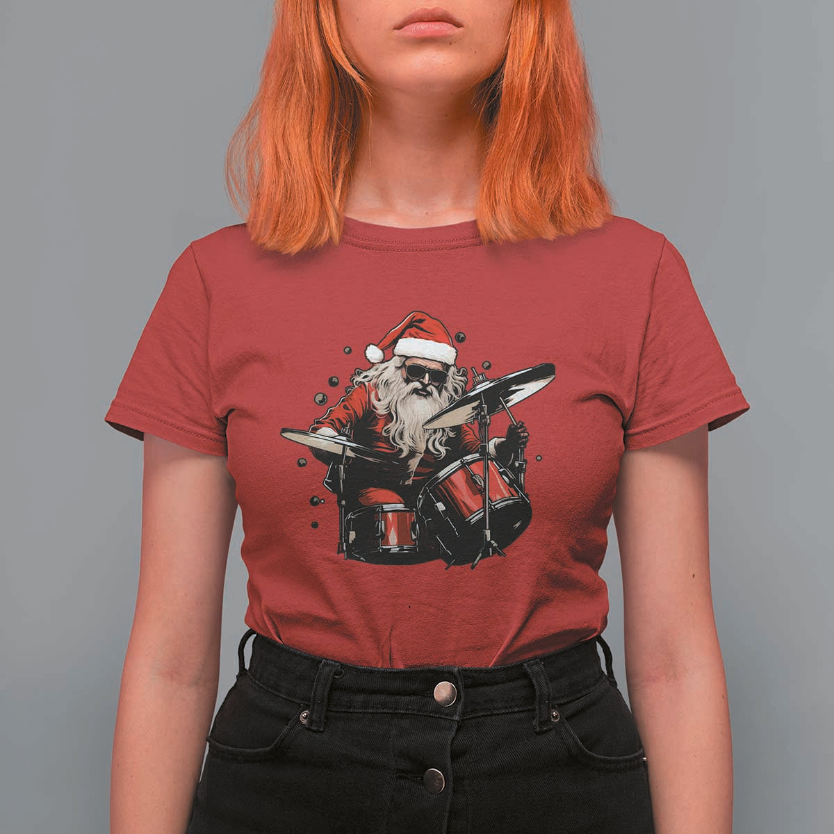 Funny Rock'n Roll Santa Claus T Shirt For Women Cool Drummer Festive Christmas - Wonder Print Shop
