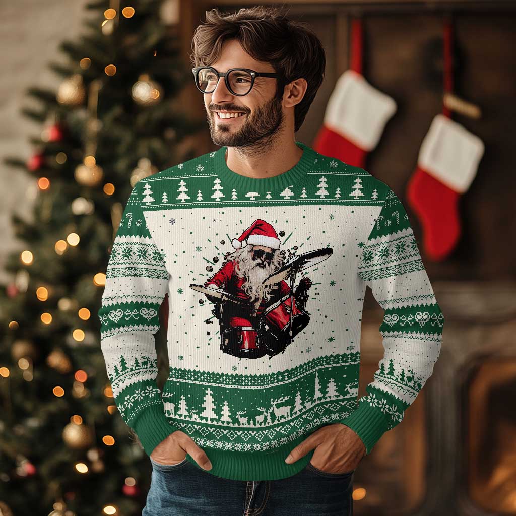 Funny Rock'n Roll Santa Claus Ugly Christmas Sweater Cool Drummer Festive Christmas - Wonder Print Shop