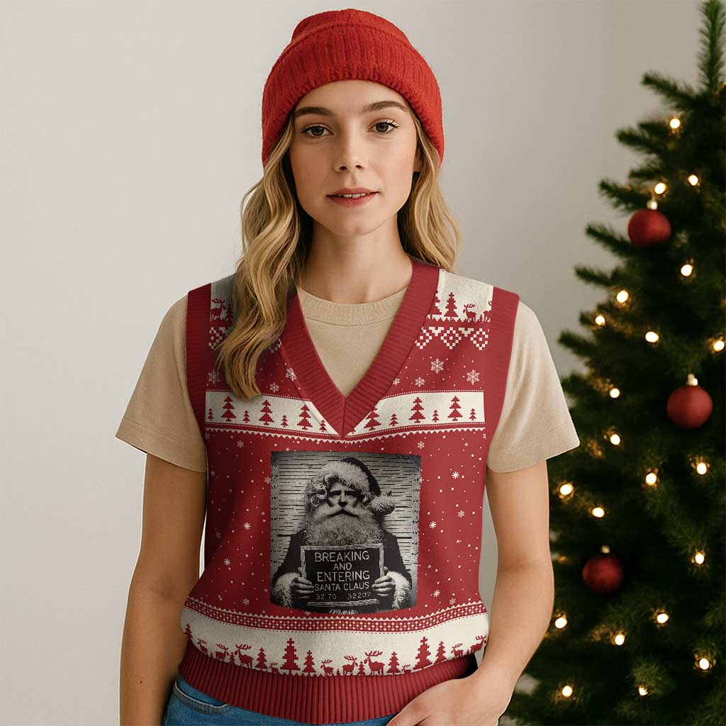 Funny Santa Mugshot V-Neck Knit Sweater Vest Naughty Xmas Festive Vibe - Wonder Print Shop