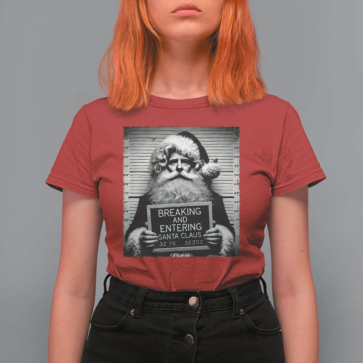 Funny Santa Mugshot T Shirt For Women Naughty Christmas Festive Vibe - Wonder Print Shop