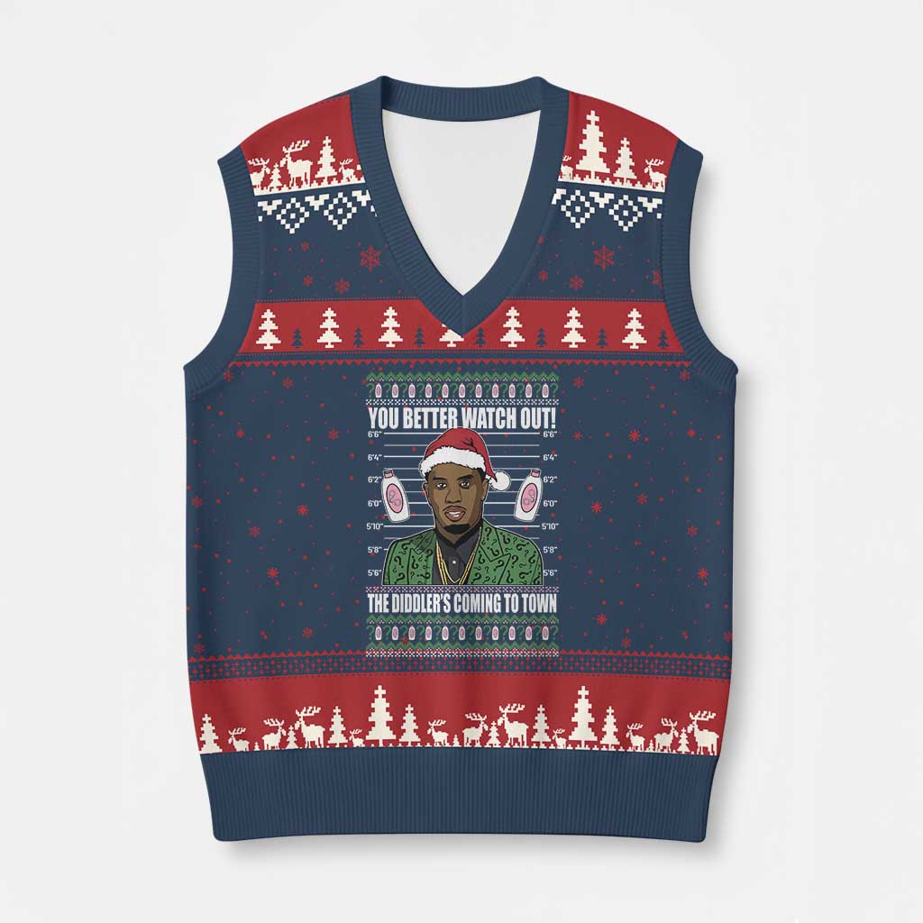 Funny Xmas Sarcastic Diddy V-Neck Knit Sweater Vest You Better Watch Out The Diddler Coming To Town - Wonder Print Shop
