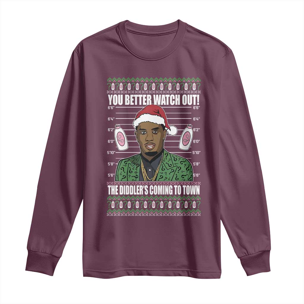 Funny Christmas Sarcastic Diddy Long Sleeve Shirt You Better Watch Out The Diddler Coming To Town