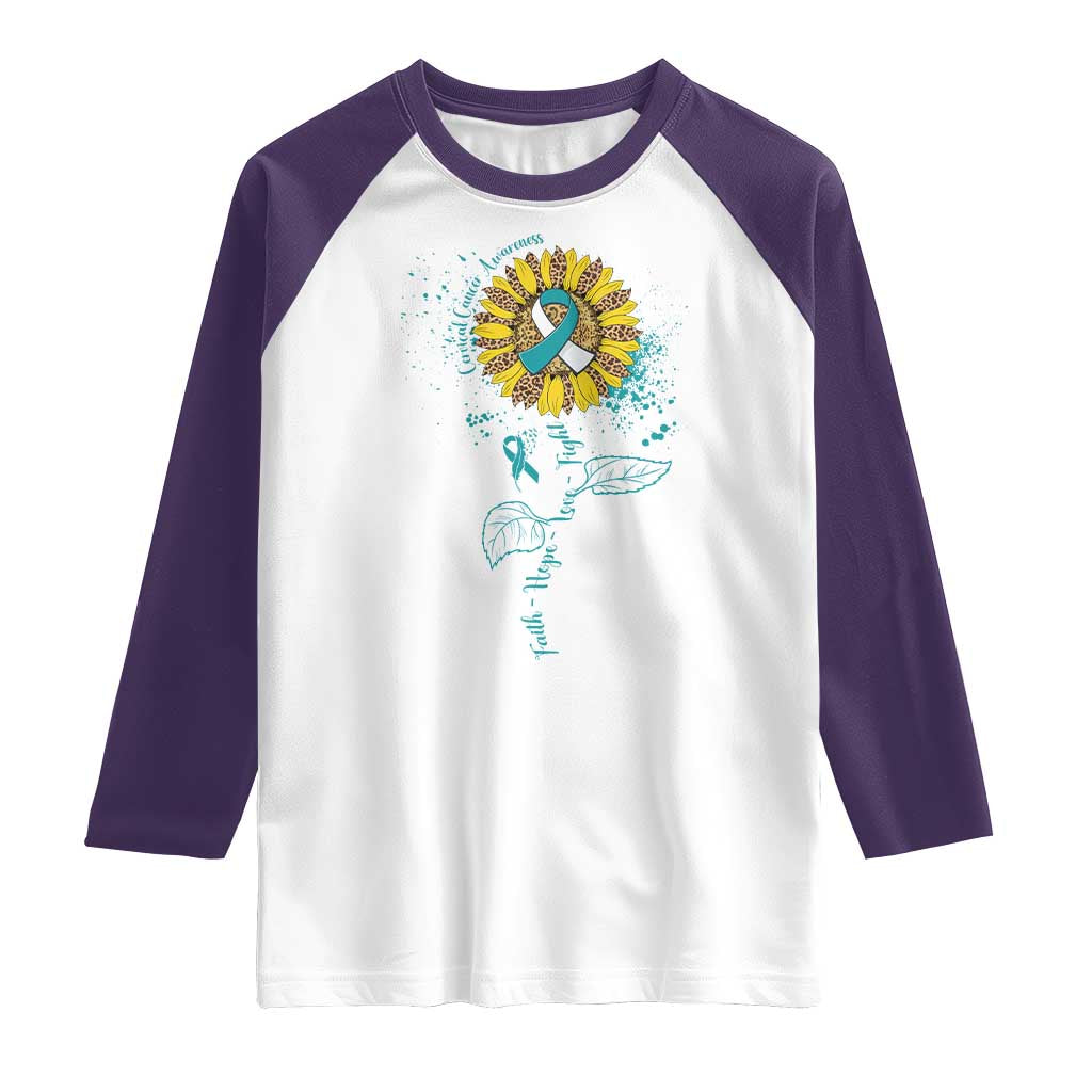Cervical Cancer Awareness Raglan Shirt Faith Hope Love Fight Teal And White Ribbon Sunflower