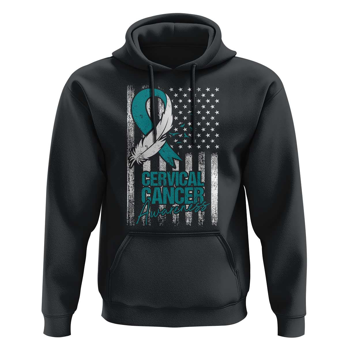 Cervical Cancer Awareness Month White Teal Ribbon US Flag Hoodie - Wonder Print Shop