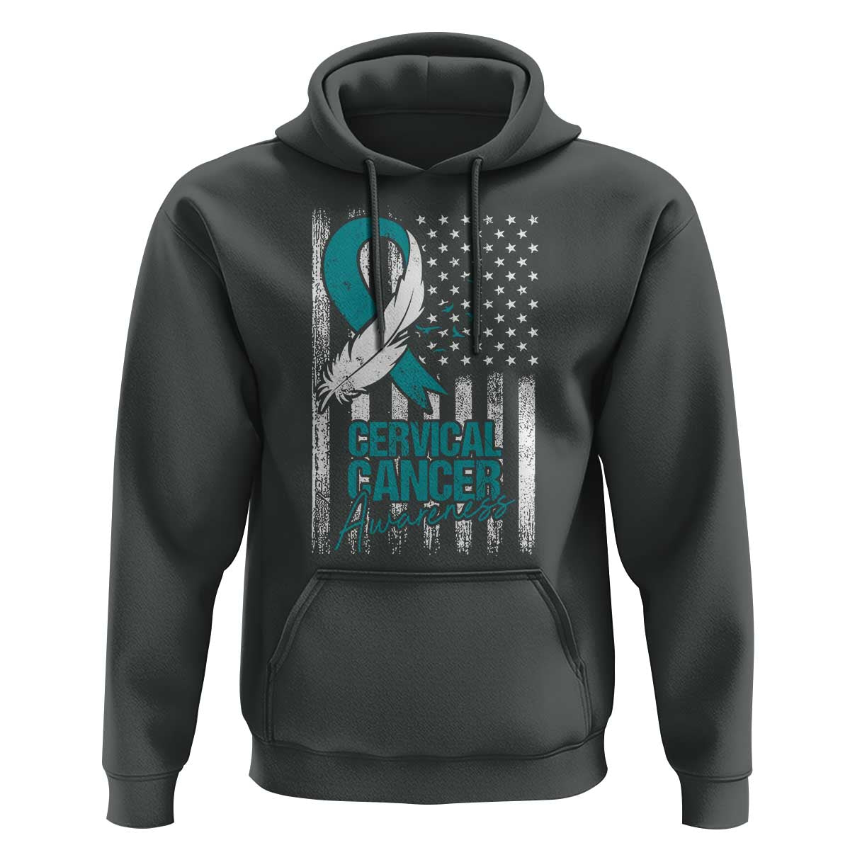 Cervical Cancer Awareness Month White Teal Ribbon US Flag Hoodie - Wonder Print Shop