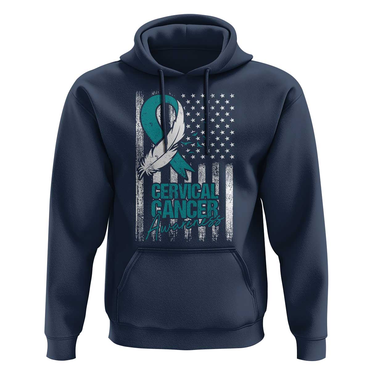 Cervical Cancer Awareness Month White Teal Ribbon US Flag Hoodie - Wonder Print Shop