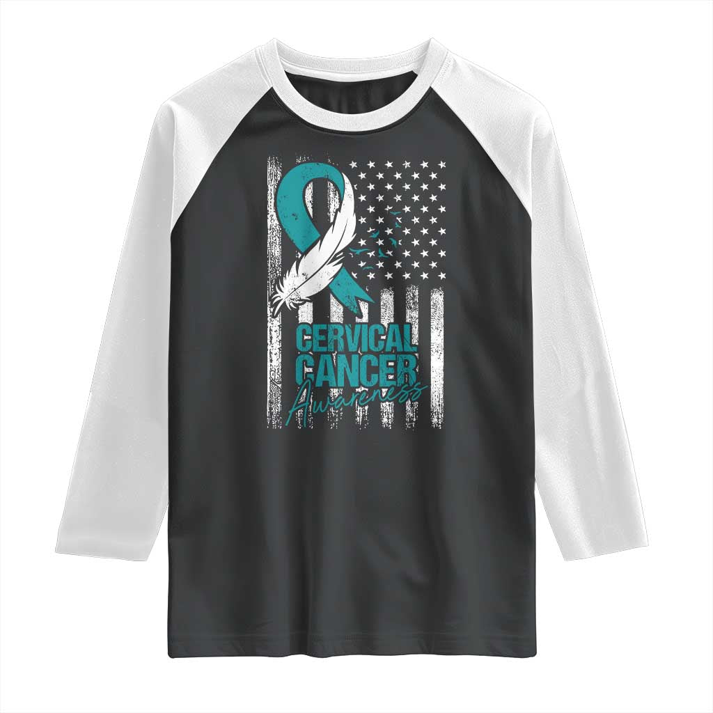 Cervical Cancer Awareness Raglan Shirt Teal And White Ribbon American Flag Support