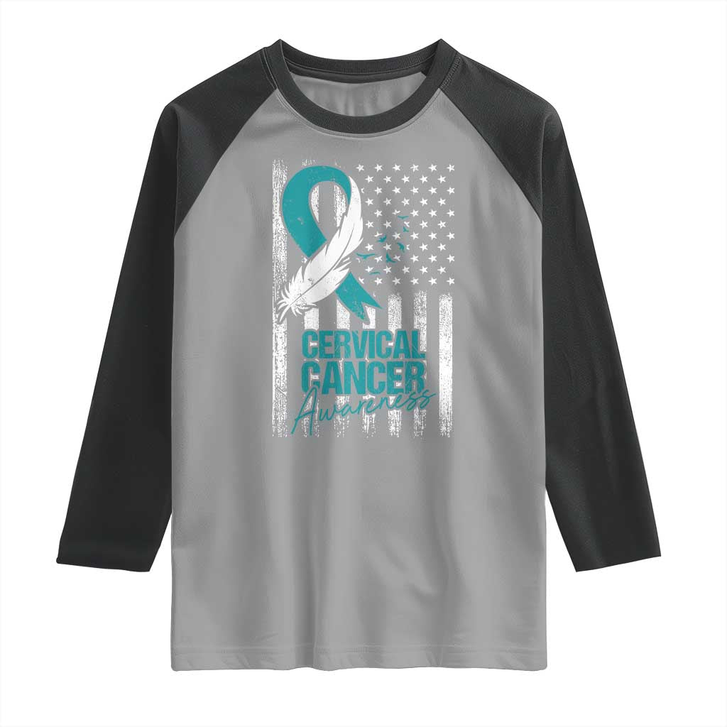 Cervical Cancer Awareness Raglan Shirt Teal And White Ribbon American Flag Support