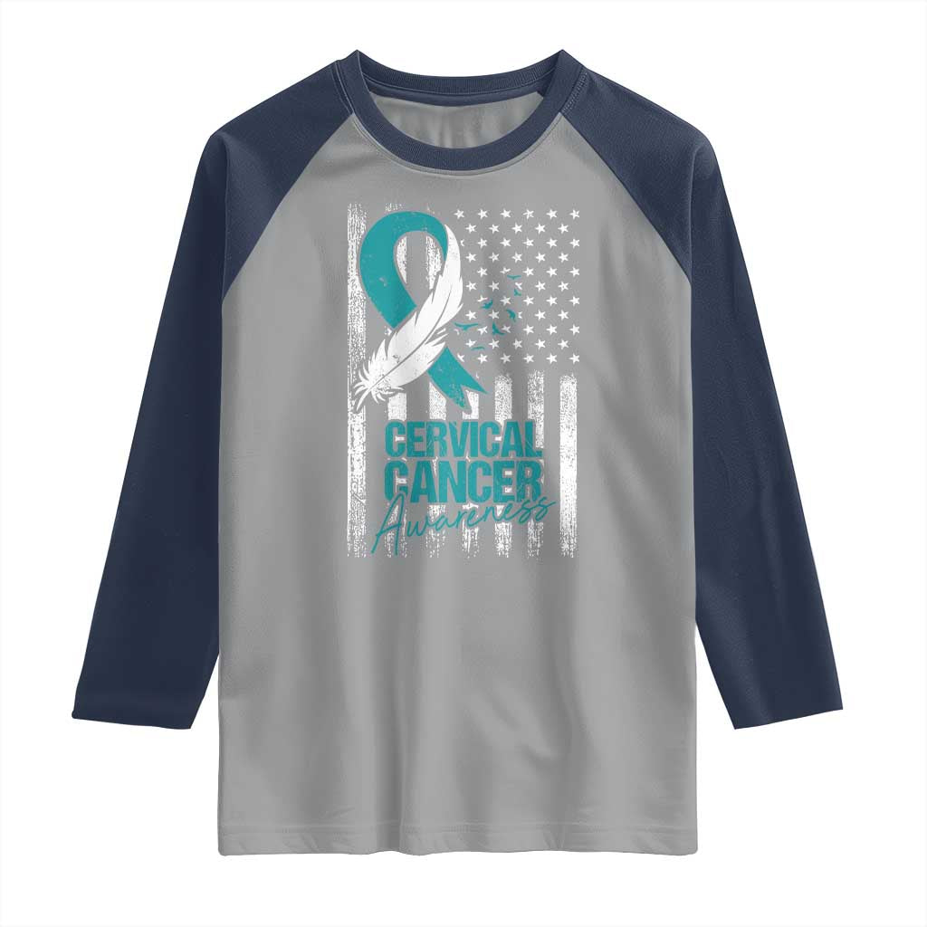 Cervical Cancer Awareness Raglan Shirt Teal And White Ribbon American Flag Support