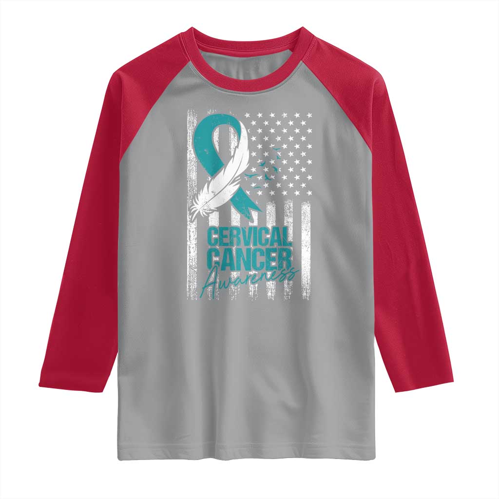 Cervical Cancer Awareness Raglan Shirt Teal And White Ribbon American Flag Support