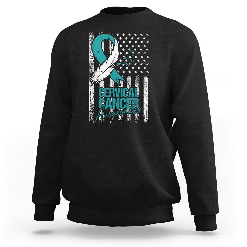 Cervical Cancer Awareness Month White Teal Ribbon US Flag Sweatshirt - Wonder Print Shop