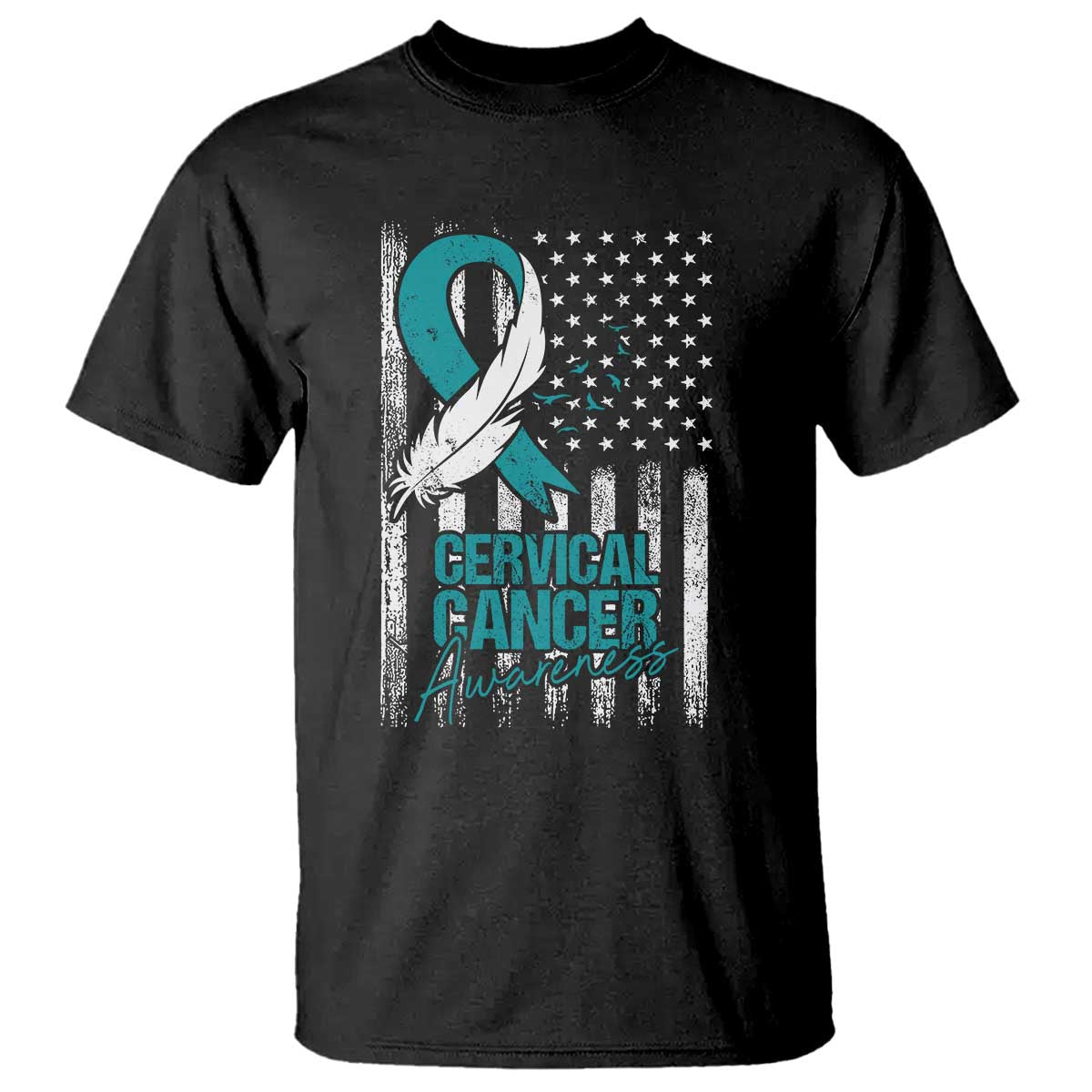 Cervical Cancer Awareness Month White Teal Ribbon US Flag T Shirt - Wonder Print Shop