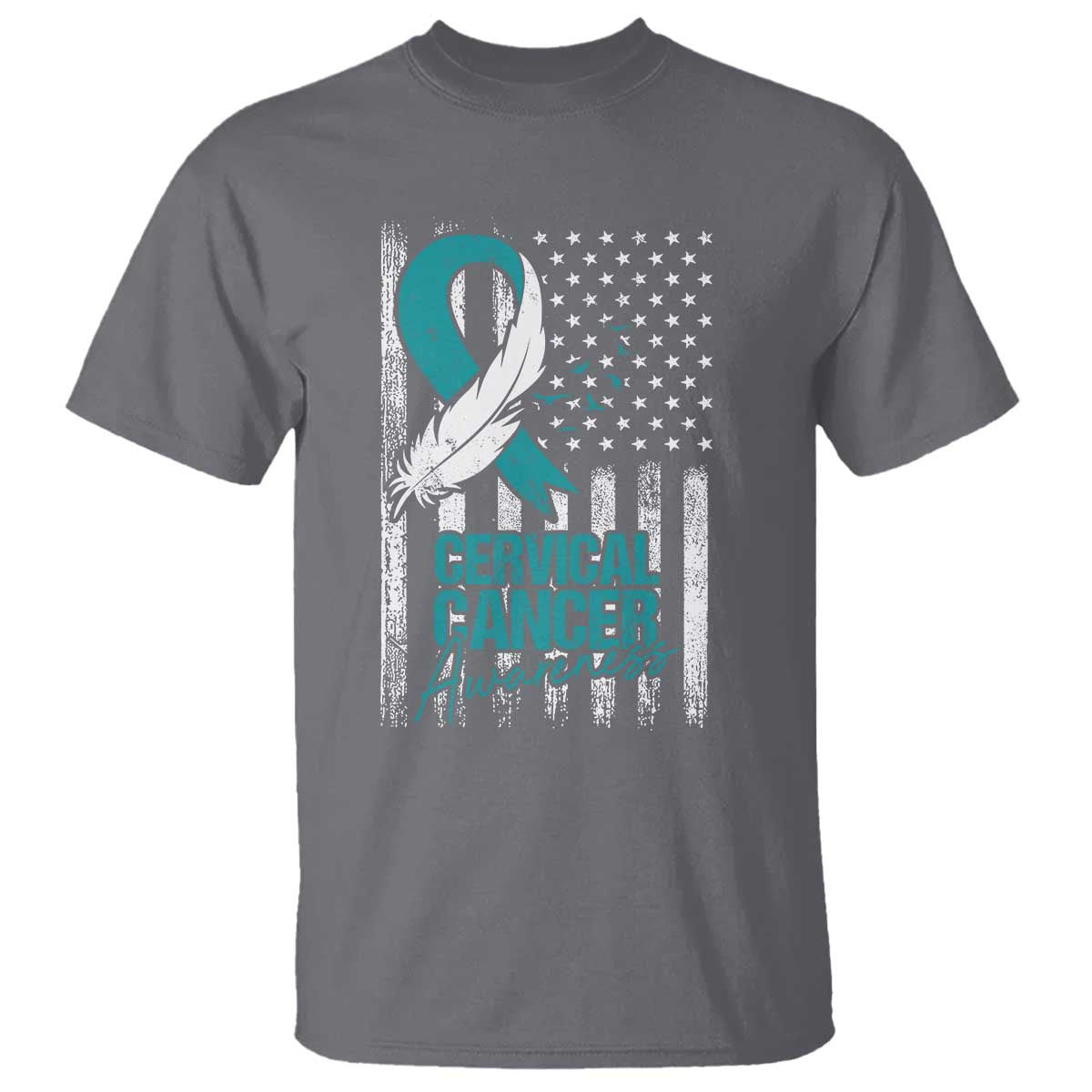 Cervical Cancer Awareness Month White Teal Ribbon US Flag T Shirt - Wonder Print Shop