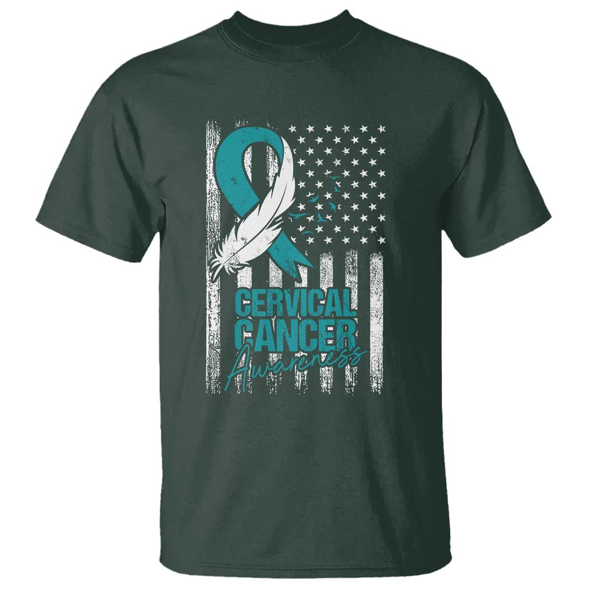 Cervical Cancer Awareness Month White Teal Ribbon US Flag T Shirt - Wonder Print Shop
