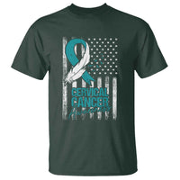 Cervical Cancer Awareness Month White Teal Ribbon US Flag T Shirt - Wonder Print Shop