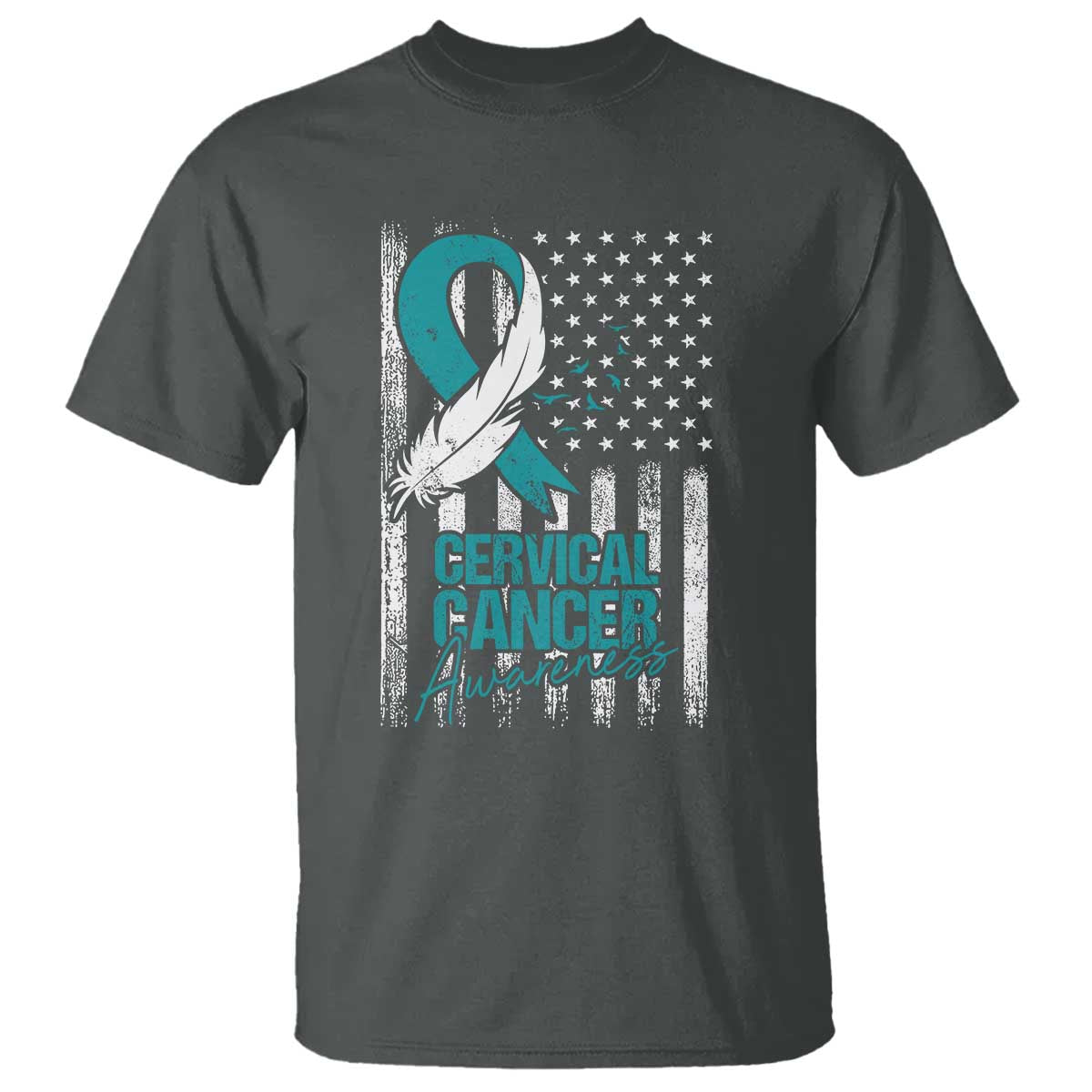 Cervical Cancer Awareness Month White Teal Ribbon US Flag T Shirt - Wonder Print Shop