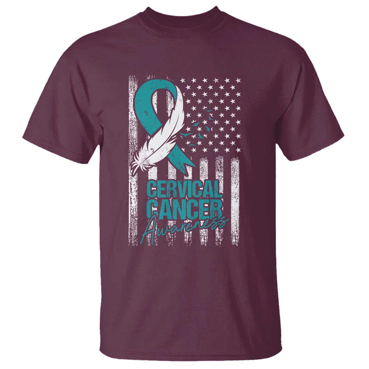 Cervical Cancer Awareness Month White Teal Ribbon US Flag T Shirt - Wonder Print Shop