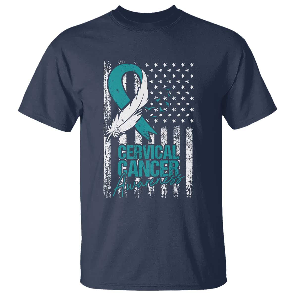 Cervical Cancer Awareness Month White Teal Ribbon US Flag T Shirt - Wonder Print Shop