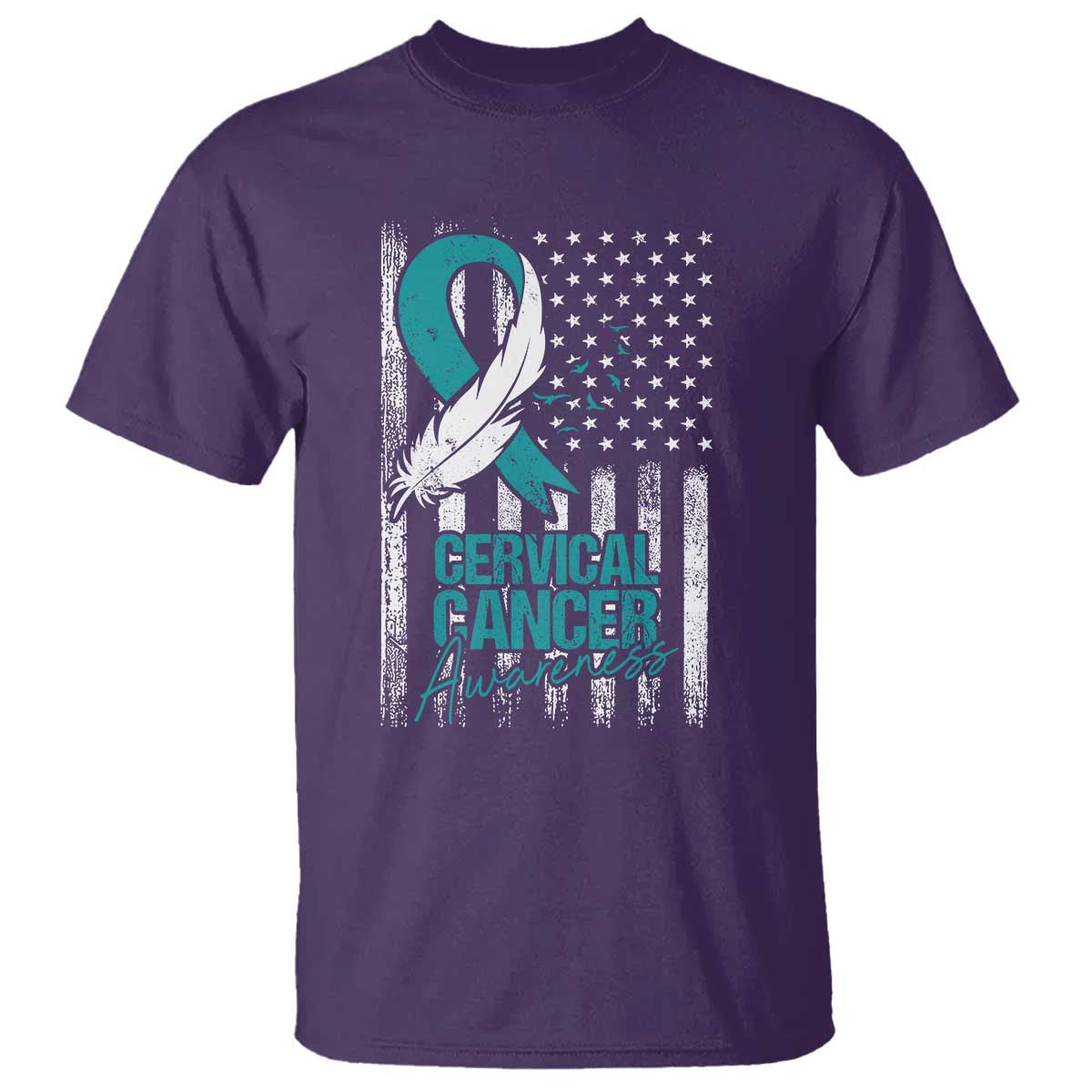 Cervical Cancer Awareness Month White Teal Ribbon US Flag T Shirt - Wonder Print Shop