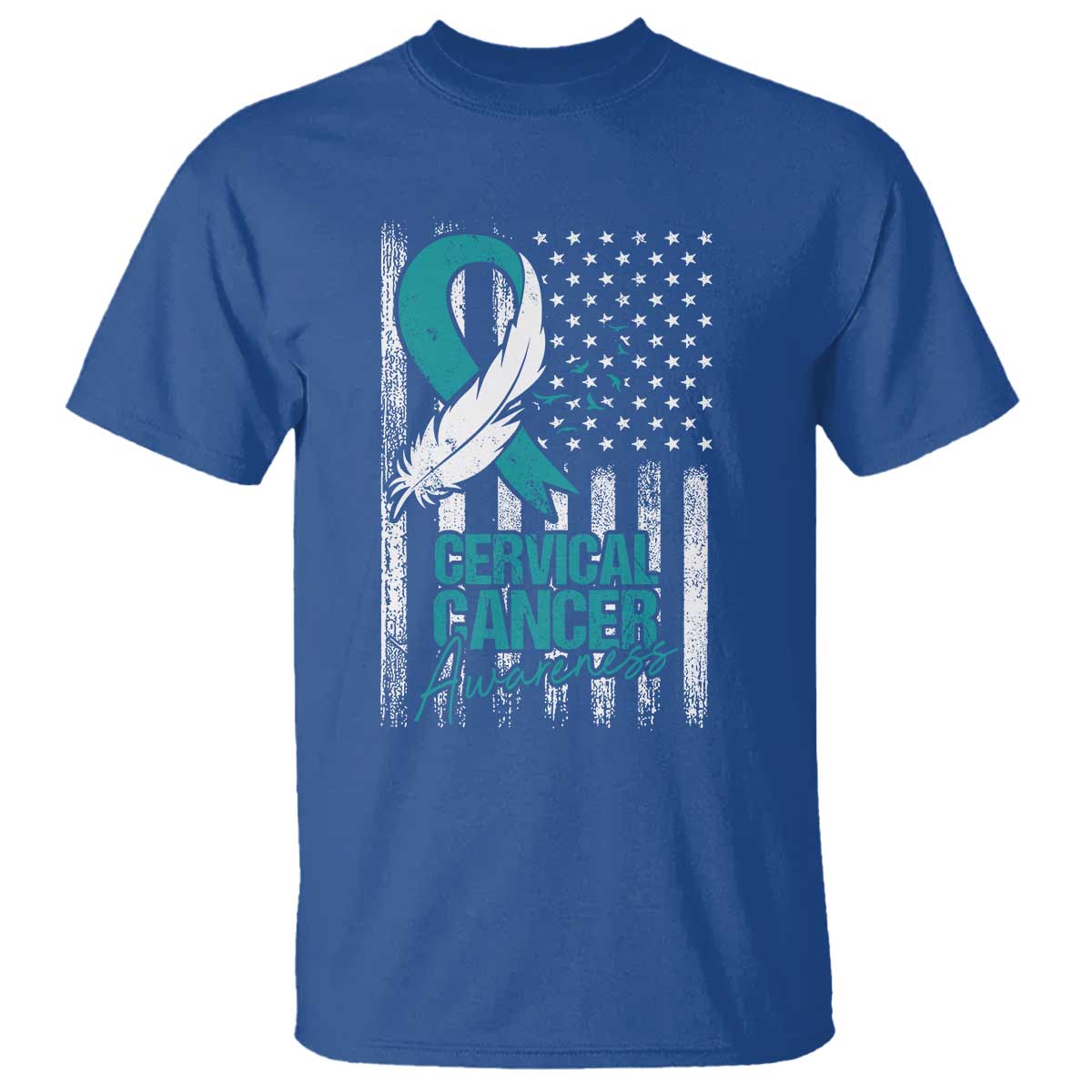 Cervical Cancer Awareness Month White Teal Ribbon US Flag T Shirt - Wonder Print Shop