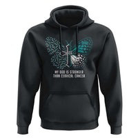 Black hoodie with teal butterfly-cross graphic on front and front kangaroo pocket