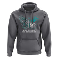 Dark heather gray hoodie with teal butterfly-cross graphic on front and front kangaroo pocket