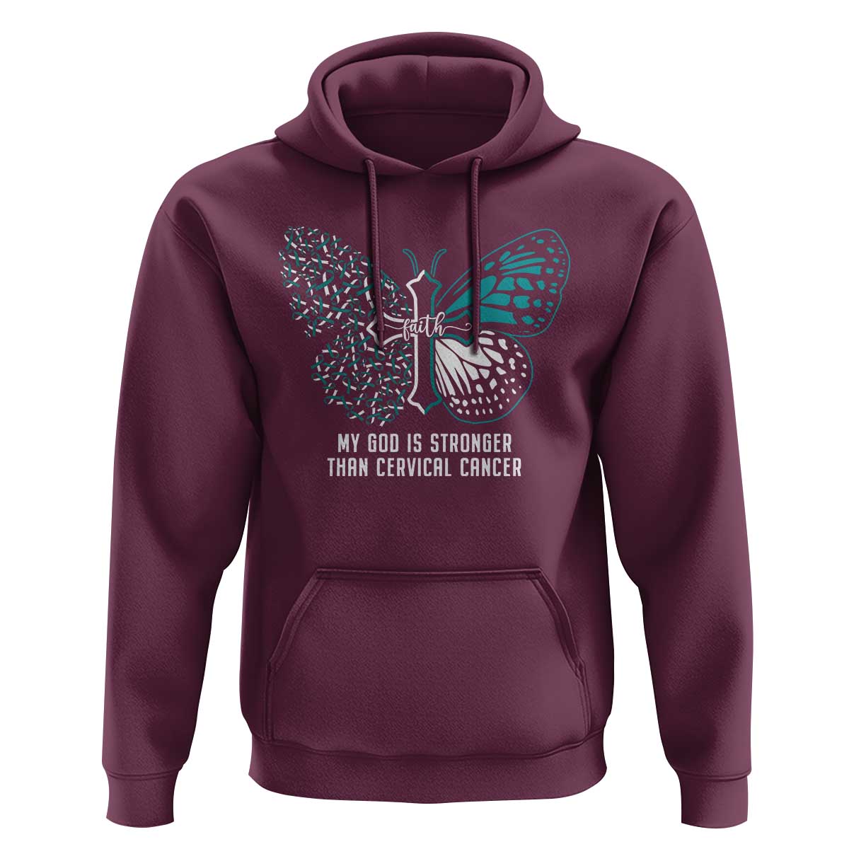Maroon hoodie with teal butterfly-cross graphic on front and front kangaroo pocket