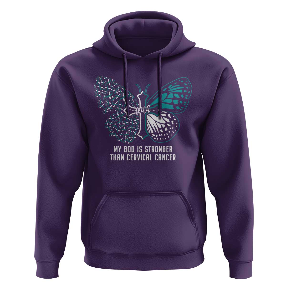 Purple hoodie with teal butterfly-cross graphic on front and front kangaroo pocket